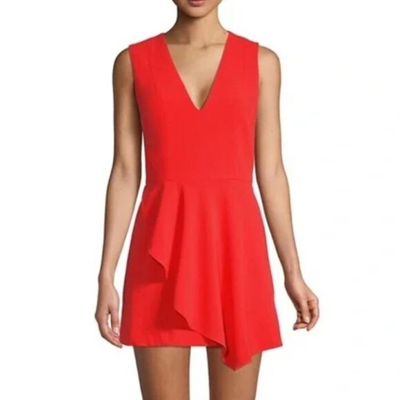 Alice + Olivia Asymmetrical Callie Cherry Red Mini V-Neckline Dress Size 12 - Picture 1 of 13